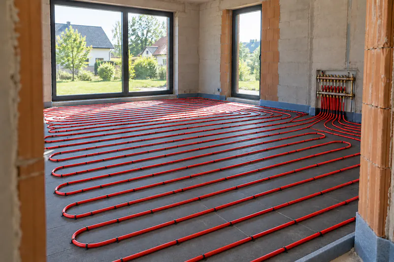 Fußbodenheizung im Rohbau eines Neubaus, vorbereitet für eine Wärmepumpe