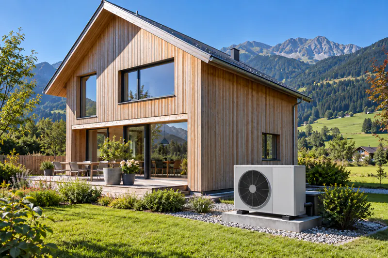 Wärmepumpe an einem Holzhaus in Vorarlberg, gefördert über den Heizungstausch des Landes